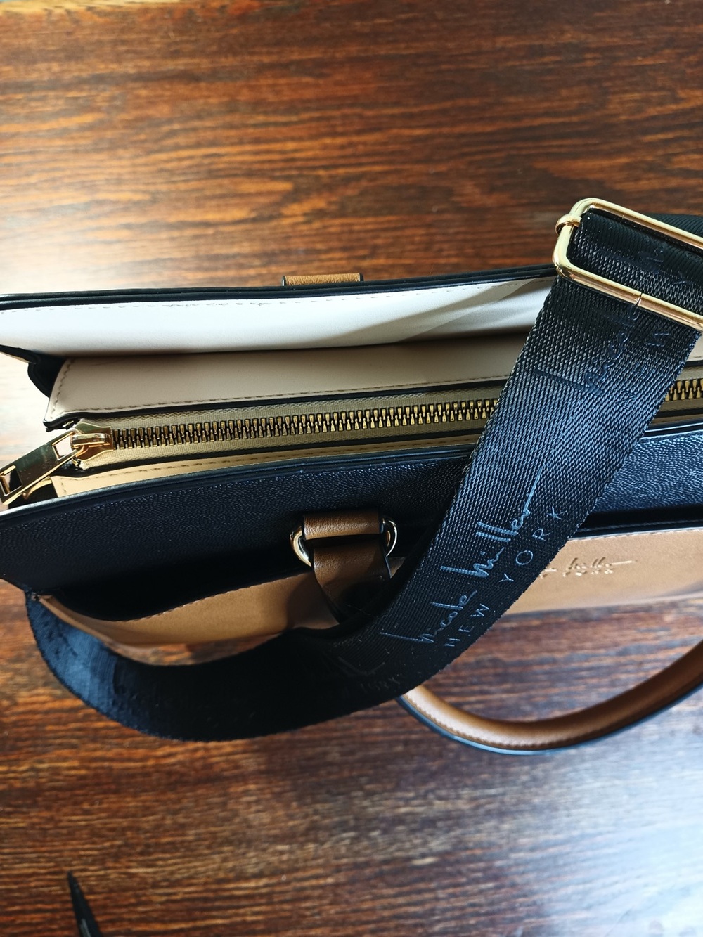 Nicole Miller Satchel with Laptop Sleeve Brown Cream Black Faux Leather - Picture 8 of 16